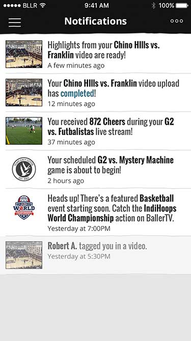 BallerTV Notifications Screen