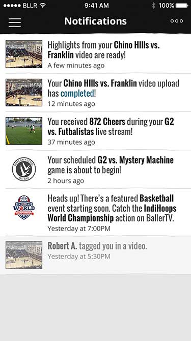 BallerTV Notifications Screen